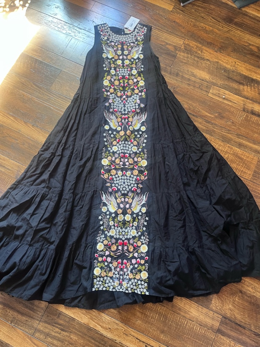Embroidered Black Maxi Dress with Floral Center Panel